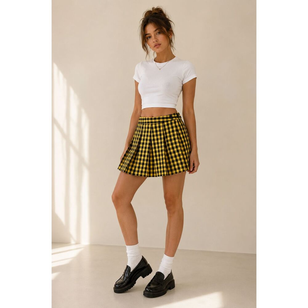 H&M Yellow Plaid Pleated Mini Skirt Size 10 Y2K Preppy Clueless Schoolgirl